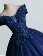 Dark navy off the shoulder lace applique beading sequin ball gown prom dress plus size women party gown