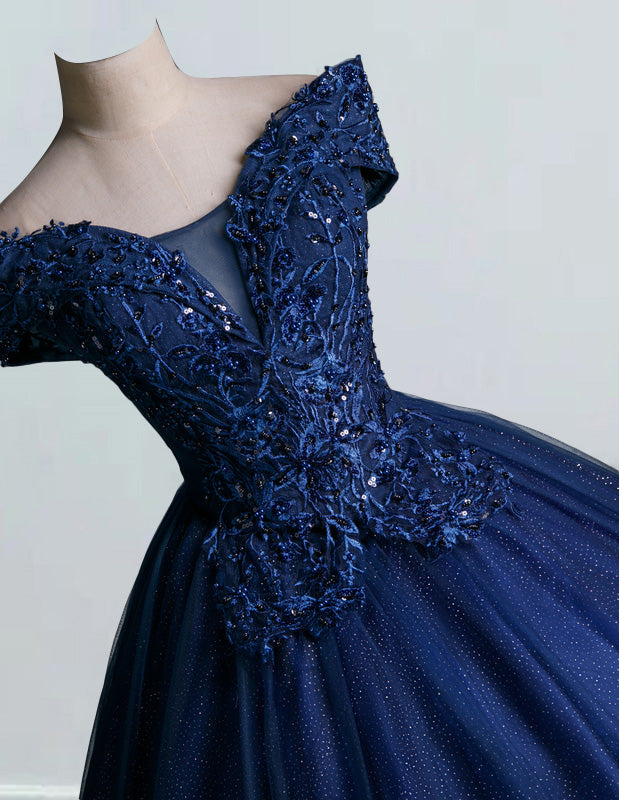 Dark navy off the shoulder lace applique beading sequin ball gown prom dress plus size women party gown