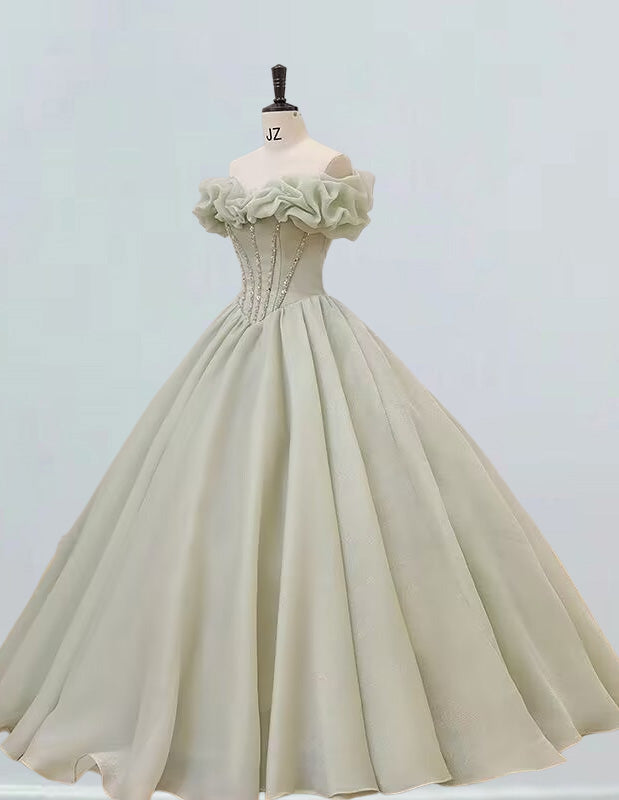 Mint green off the shoulder ruffle beaded prom dress ball gown long evening party dress