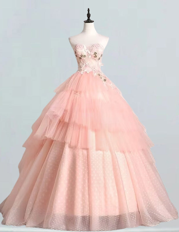 Women's Pink Strapless Tulle Ball Gown | Lace Applique Fairy Prom Dress