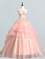Women's Pink Strapless Tulle Ball Gown | Lace Applique Fairy Prom Dress
