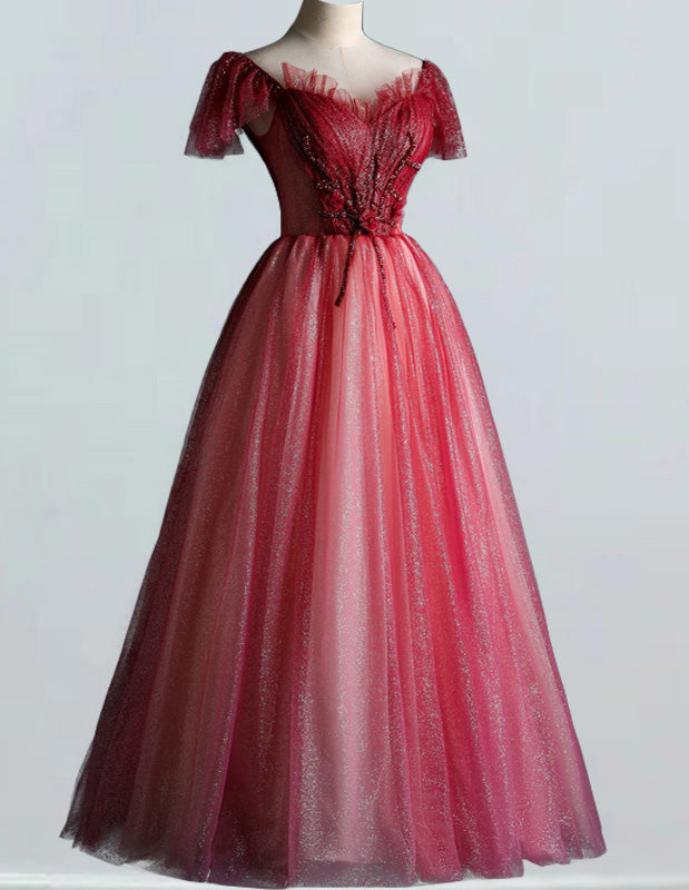 Elegant Red Cap Sleeve V-Neck Tulle Prom Dress with Beading
