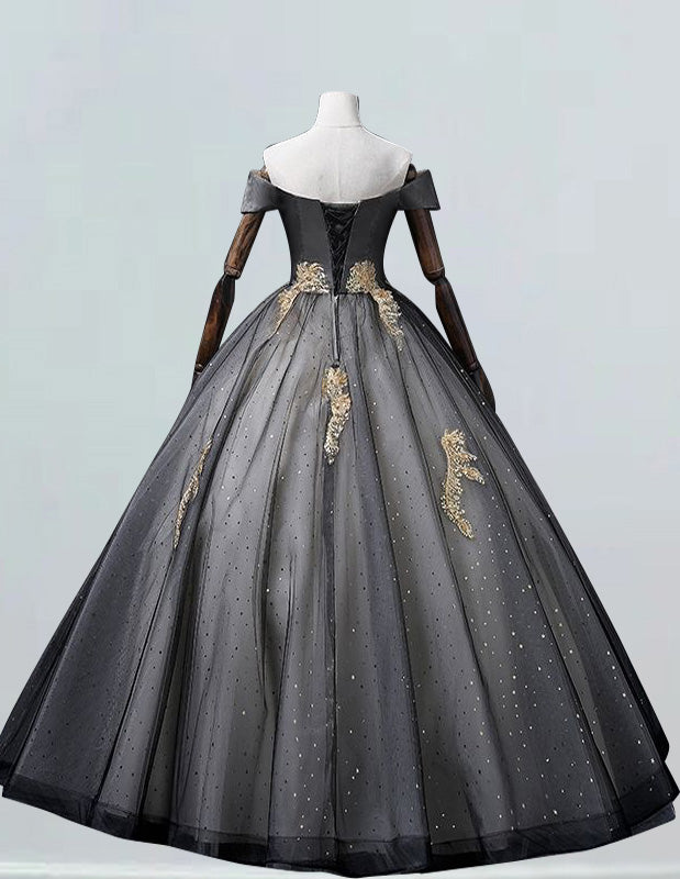 Black off the shoulder princess ball gown gold lace applique wedding gown evening gown