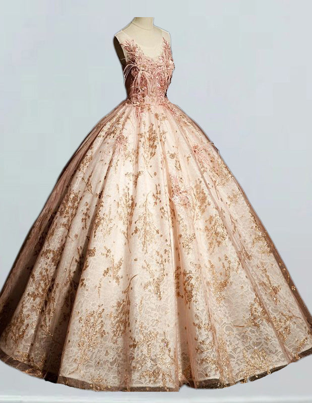 Champagne scoop fairy sequin long ball gown wedding dress