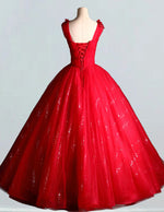 Elegant Red Lace V-Neck Prom Dress | Applique Ball Gown for Girls