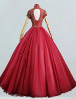 Elegant Burgundy Beaded Ball Gown | Prom & Bridesmaid Dress with Sleeves