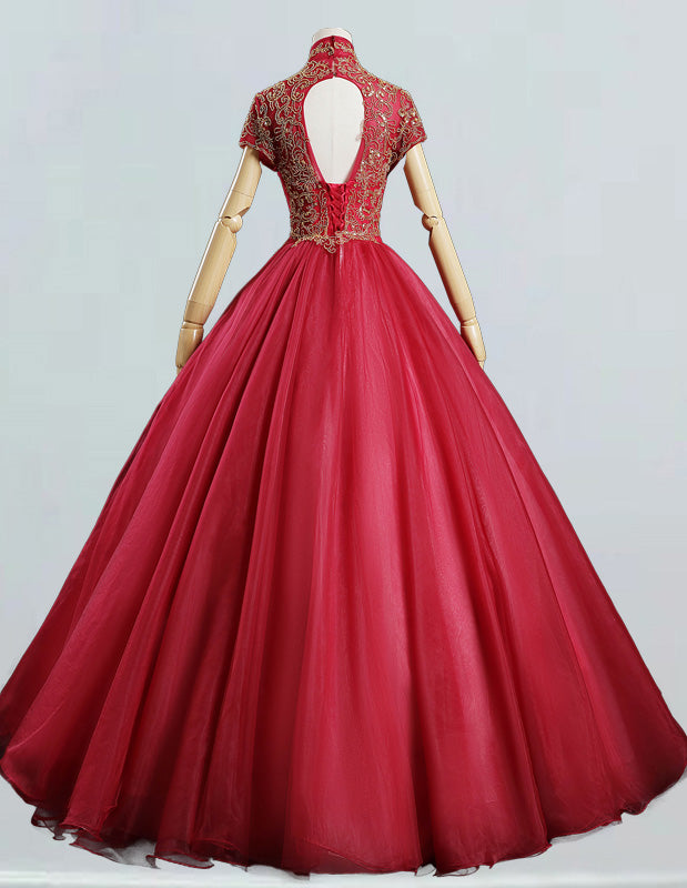 Elegant Burgundy Beaded Ball Gown | Prom & Bridesmaid Dress with Sleeves