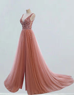 Coral beaded tulle ball gown v neck bridal party dress long princess dress rhinestone crystal graduation gown