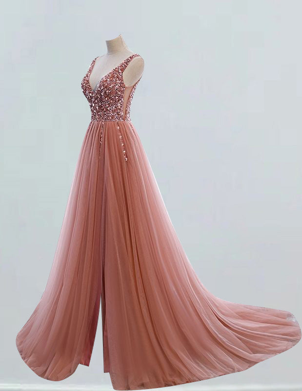 Coral beaded tulle ball gown v neck bridal party dress long princess dress rhinestone crystal graduation gown