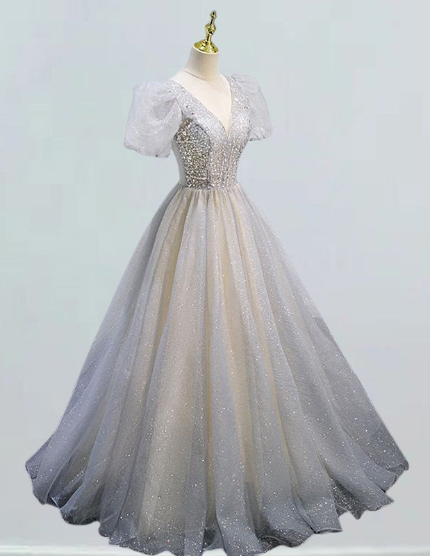 Grey v neck beading lace long sparkle ball gown wedding bridal dress