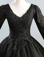 Elegant Black Satin Quinceanera Dress V-Neck Lace Applique Ball Gown