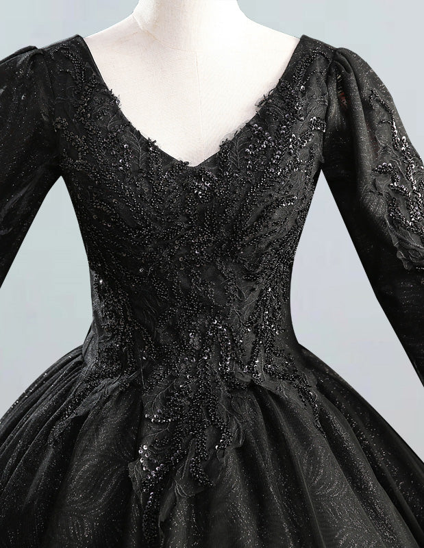 Elegant Black Satin Quinceanera Dress V-Neck Lace Applique Ball Gown