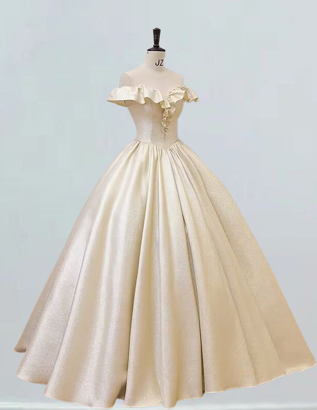 Champagne off the shoulder fairy long satin ball gown formal dress