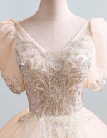 Girls' Elegant Beaded Lace V-Neck Quinceanera Dress | Tulle Ball Gown Evening Wear