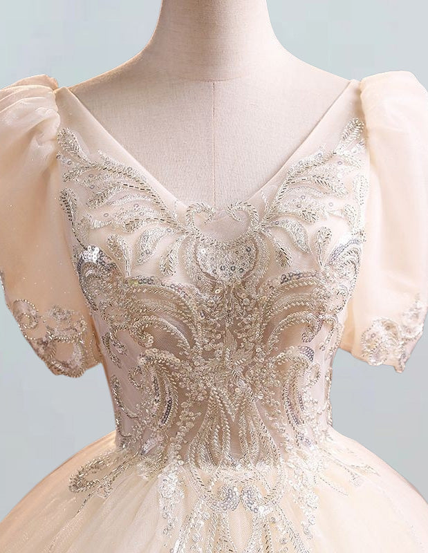 Girls' Elegant Beaded Lace V-Neck Quinceanera Dress | Tulle Ball Gown Evening Wear