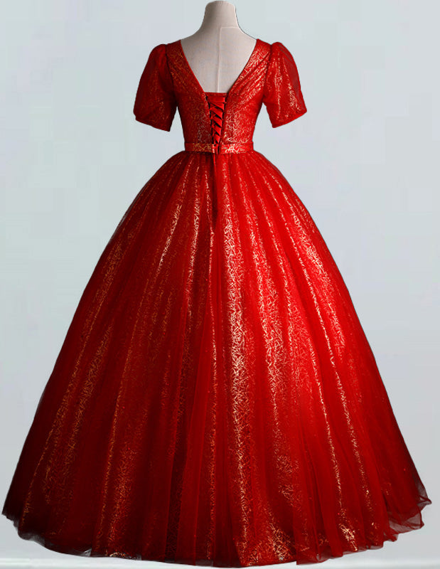 Women's Red Sequin V-Neck Tulle Evening Ball Gown | Elegant Prom & Bridesmaid Dress