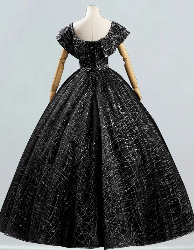 Women's Elegant Black V-Neck Beaded Prom Gown | Floor-Length Evening Dress