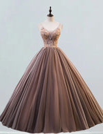 Coffee spaghetti strap tulle prom dress ball gown v neck lace applique beaded long wedding dress gown