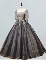 Black scoop half sleeve lace ball gown floor length prom dress