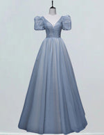 Women's Elegant Blue Sequin V-Neck Prom Dress with Sleeves, Formal Evening Gown