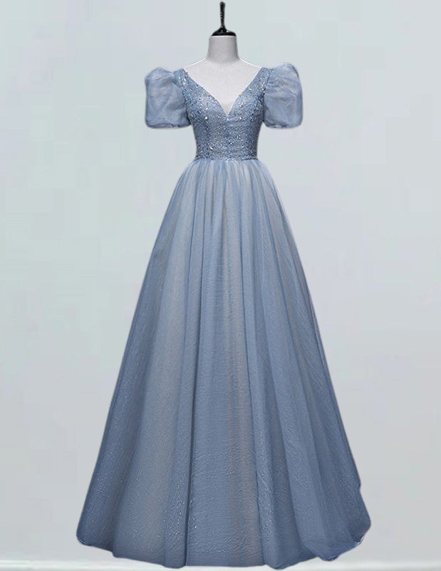 Women's Elegant Blue Sequin V-Neck Prom Dress with Sleeves, Formal Evening Gown