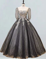 Black scoop half sleeve lace ball gown floor length prom dress