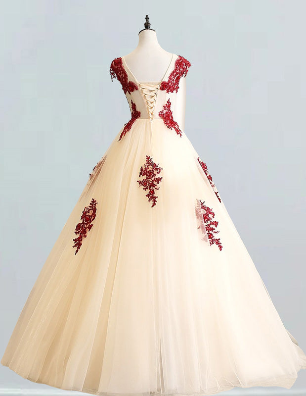 Champagne Tulle Evening Gown with Beaded Lace | Scoop Neck Prom Dress