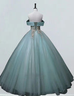 Off-Shoulder Blue Tulle Prom Dress with Gold Lace, Elegant Evening Gown for Girls