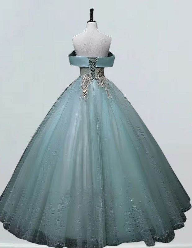 Off-Shoulder Blue Tulle Prom Dress with Gold Lace, Elegant Evening Gown for Girls