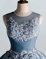 Women's Elegant Blue Beaded Lace Prom Gown with Sleeves | Scoop Neck Evening Dress