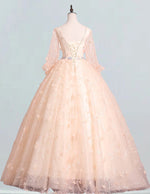 Women's Elegant V-Neck Lace Ball Gown with Long Sleeves - Formal Prom & Bridesmaid Dress