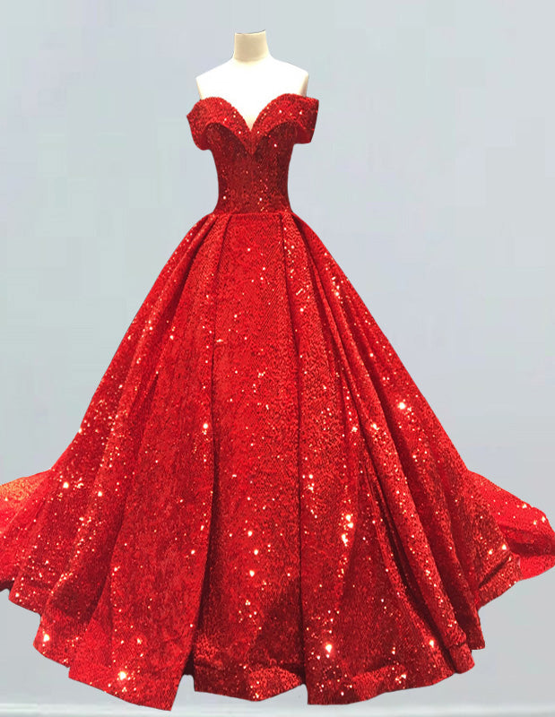 Red off the shoulder velevt sequin long train prom dress ball gown custom made evening party gown