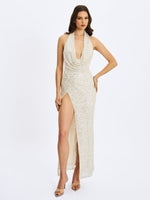Niamh Golden Beaded Cowl Halter Backless Maxi Dress Miss Circle