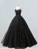 Women's Elegant Black Tulle Lace Ball Gown | Spaghetti Strap Evening Dress