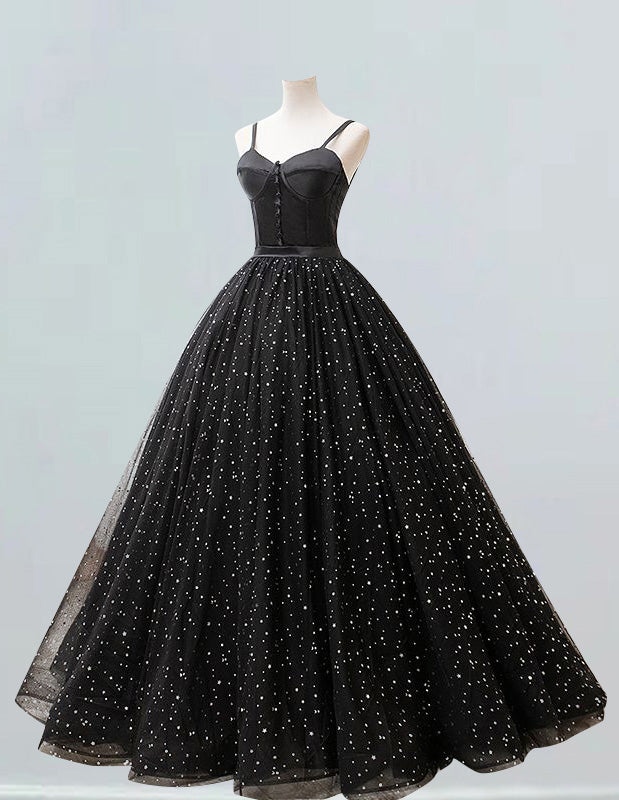 Women's Elegant Black Tulle Lace Ball Gown | Spaghetti Strap Evening Dress