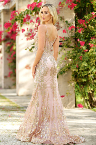 Lyra Gown - Rose Gold - FITTED FLORAL GLITTER PRINT CORSET GOWN - By Baano