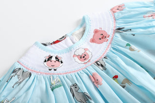 Barnyard Print Farm Animal Smocked Bishop Dress