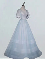 Women's Silver Sequin Tulle V-Neck Prom Gown with Sleeves | Elegant Evening Dress