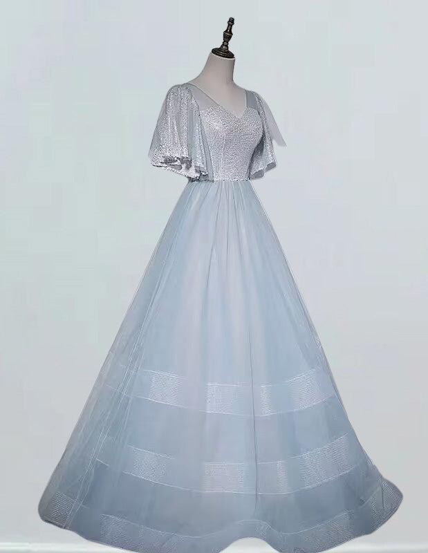Women's Silver Sequin Tulle V-Neck Prom Gown with Sleeves | Elegant Evening Dress