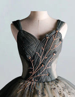 Women's Elegant Green Tulle V-Neck Evening Gown with Beaded Pleats