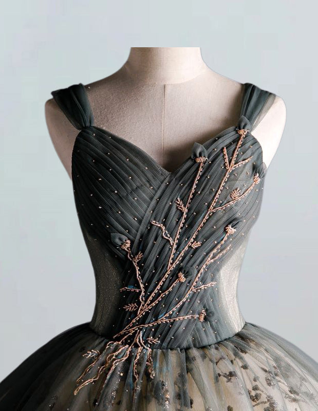 Women's Elegant Green Tulle V-Neck Evening Gown with Beaded Pleats