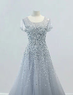 Silver Grey Tulle Prom Dress with Rhinestone Sleeves - Girls' Elegant Evening Gown