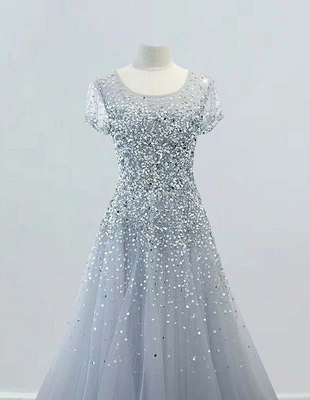 Silver Grey Tulle Prom Dress with Rhinestone Sleeves - Girls' Elegant Evening Gown