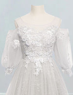 Silver Grey Lace Applique Prom Gown with Sleeves | Scoop Neckline | Elegant Evening Dress