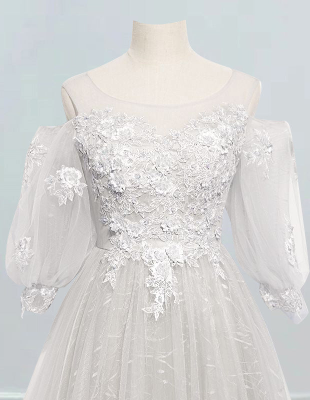 Silver Grey Lace Applique Prom Gown with Sleeves | Scoop Neckline | Elegant Evening Dress