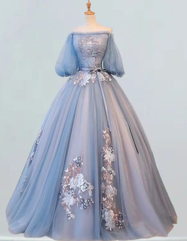 Off-Shoulder Tulle Evening Gown, Lace Applique, Elegant Prom & Bridesmaid Dress