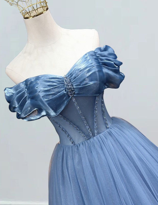 Women's Off-Shoulder Tulle Prom Dress Beaded Pleats Ball Gown Evening Wear