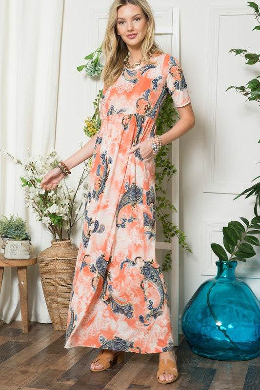 Celeste Paisley Print Short Sleeve Maxi Dress with Pockets - By Baano