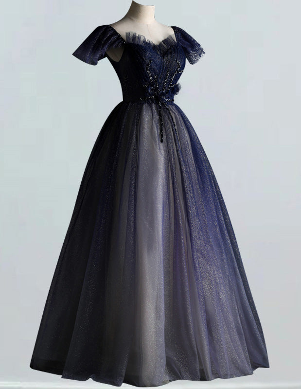 Navy Blue Beaded Tulle V-Neck Ball Gown | Girls' Prom & Evening Dress