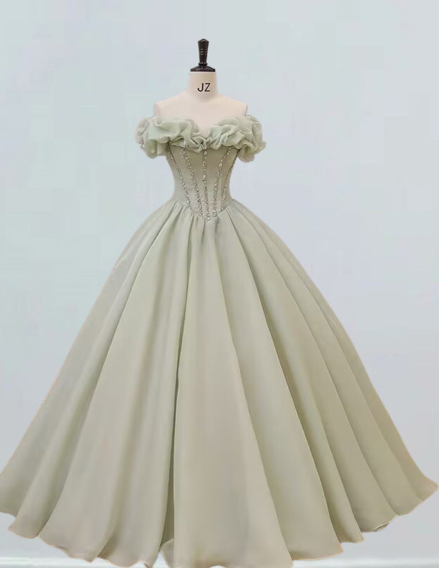 Mint green off the shoulder ruffle beaded prom dress ball gown long evening party dress